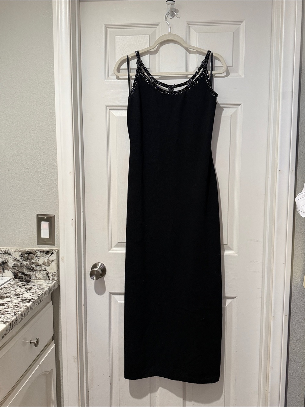 3 piece St. John Black Beaded Strap Maxi Dress and Blazer
